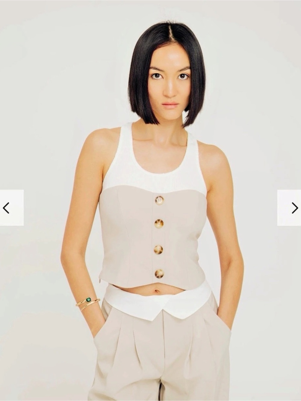Torn by Ronny Kobo Button Front Tank in Cream & Gray XS Like New